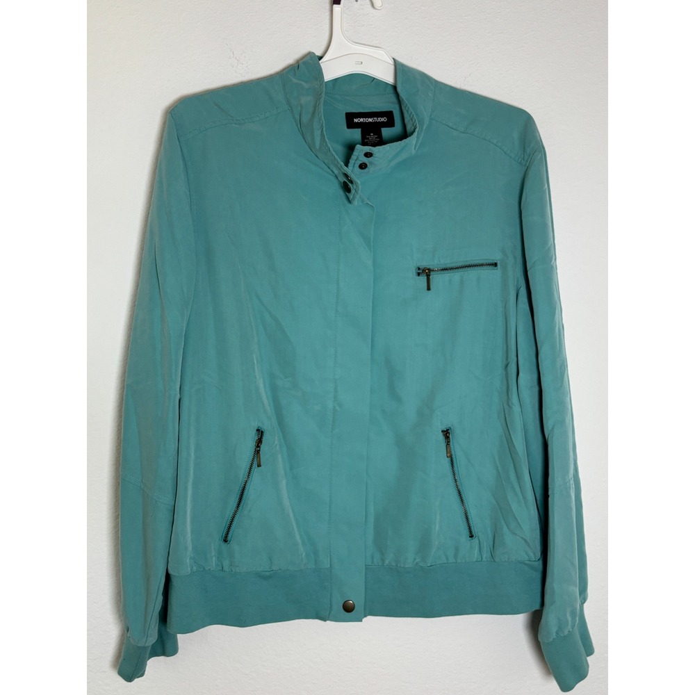 Norton‎ Studio Teal Blue Lightweight Bomber Jacket Mock Neck Full Zip Womens 16